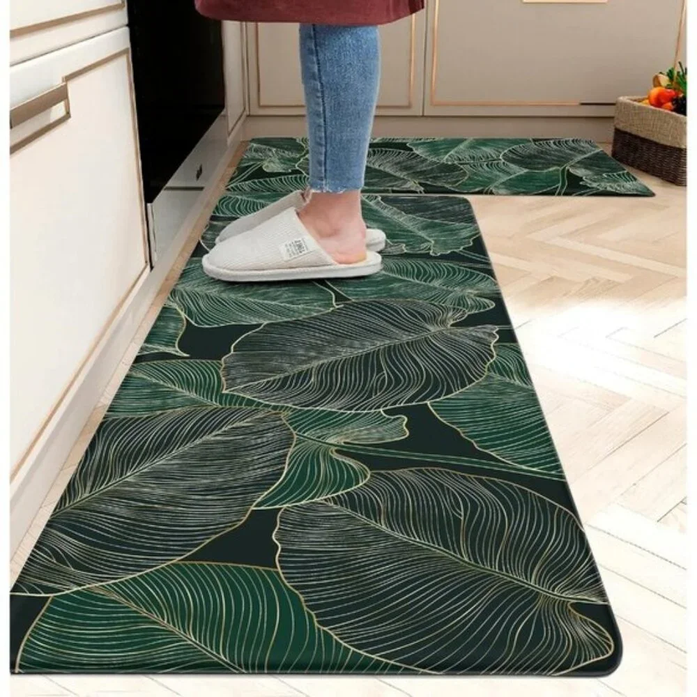 New Green Kitchen Mats, Set of 2 Cushioned Anti-Fatigue Boho Memory Foam Rugs